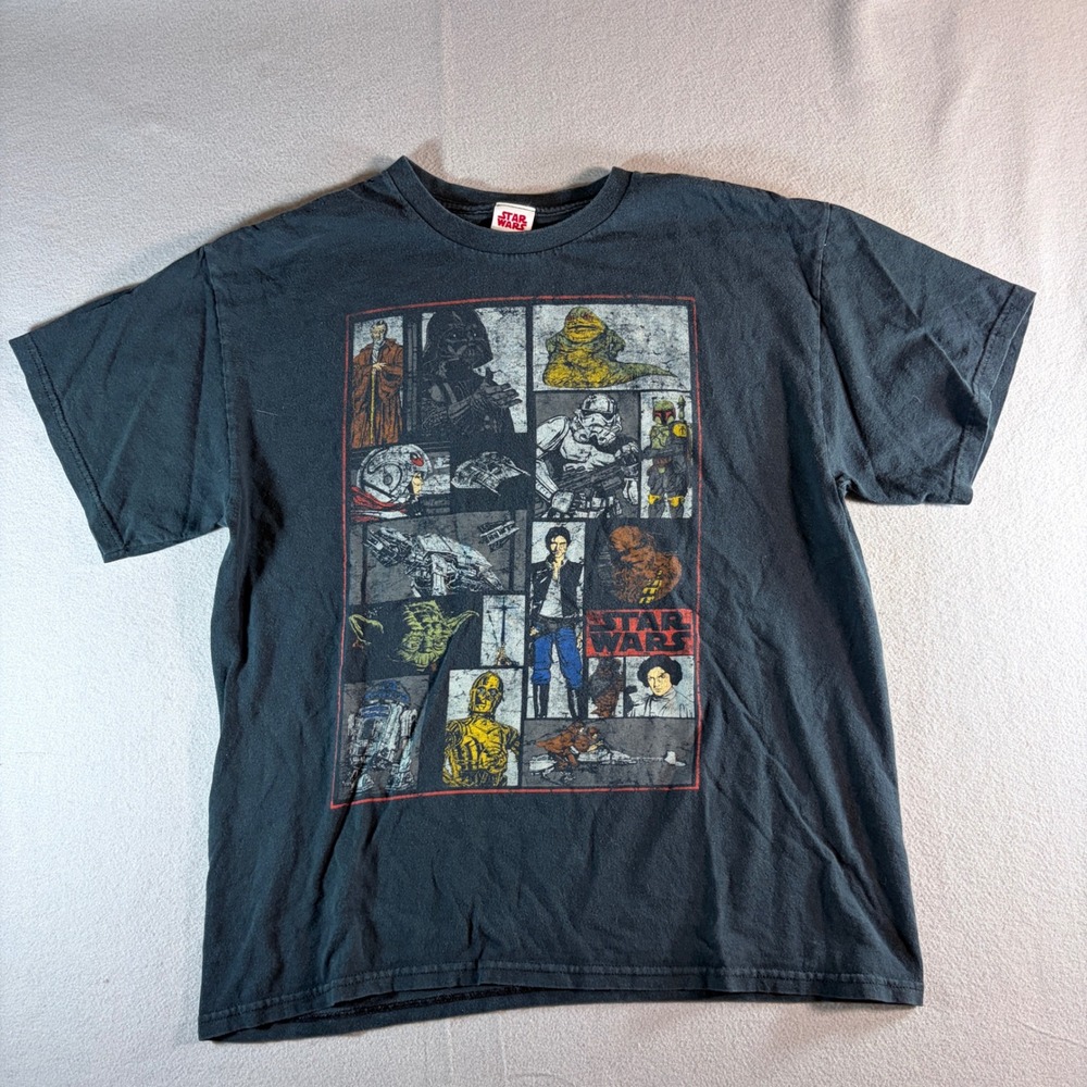 Star Wars Character Grid Graphic T-Shirt Mens Large Faded Black Movie Tee